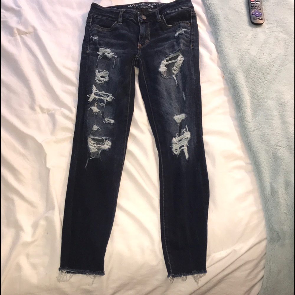 Jegging crop dark wash ripped jeans high rise